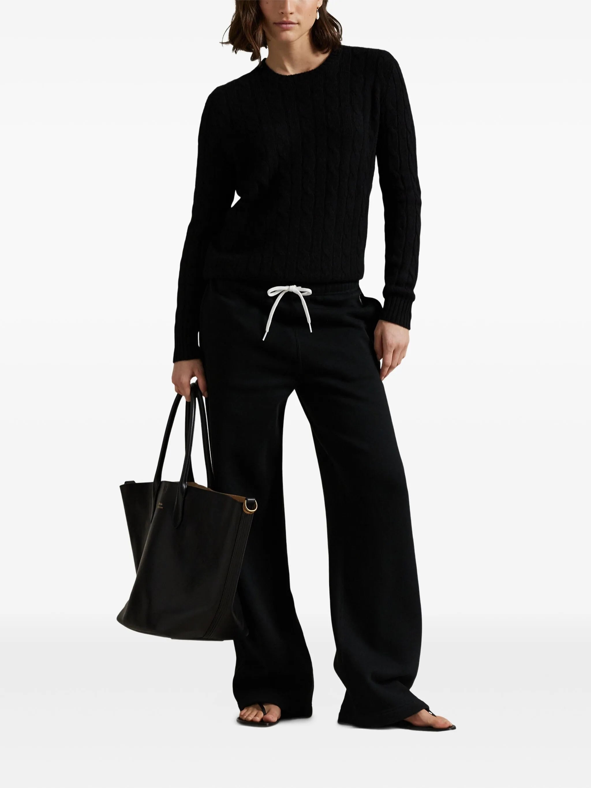 RALPH LAUREN WOMEN Drawstring Wide-Leg Tracksuit Bottoms Polo Black