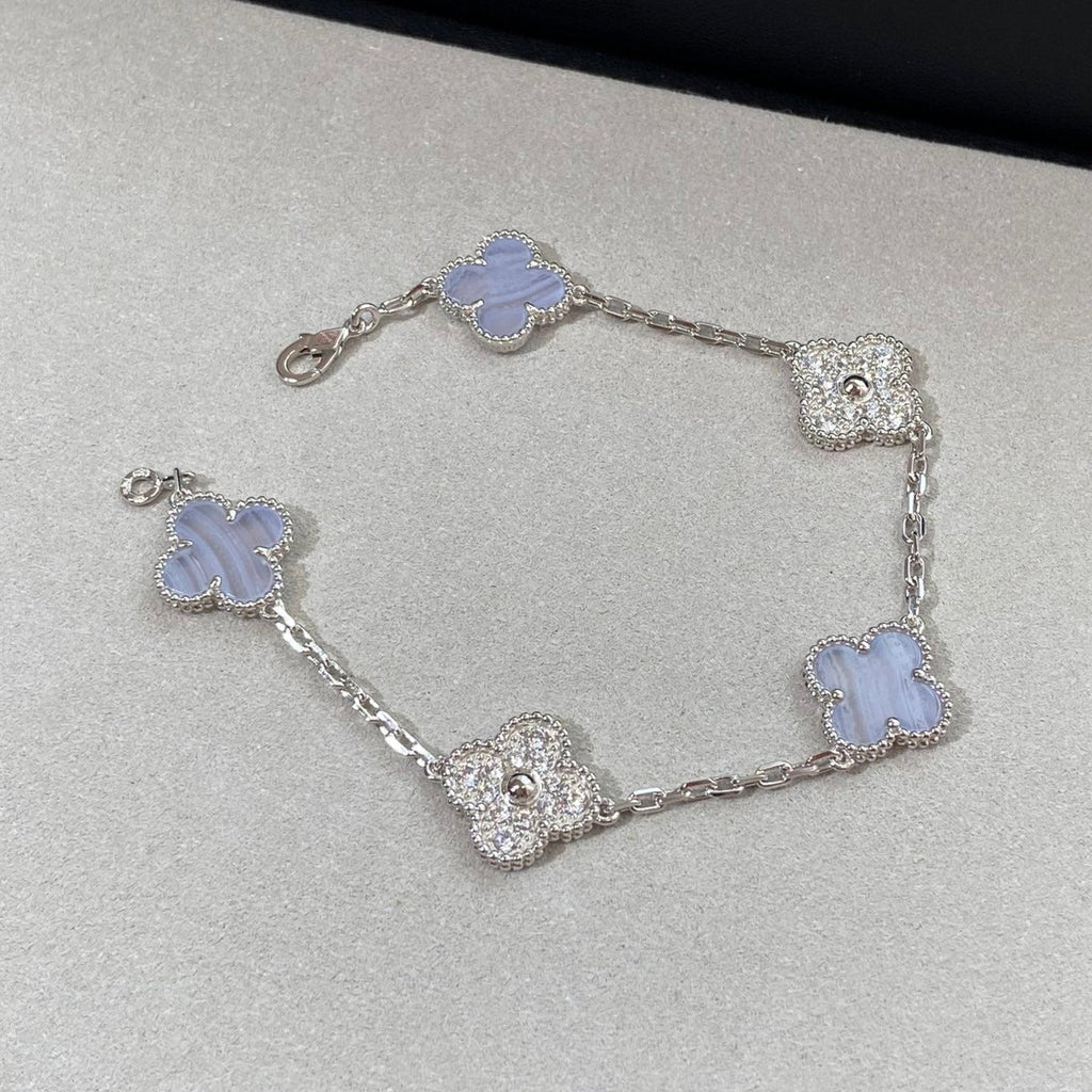 Van Cleef & Arpels CLOVER 5 MOTIF SILVER CHALCEDONY DIAMOND BRACELET