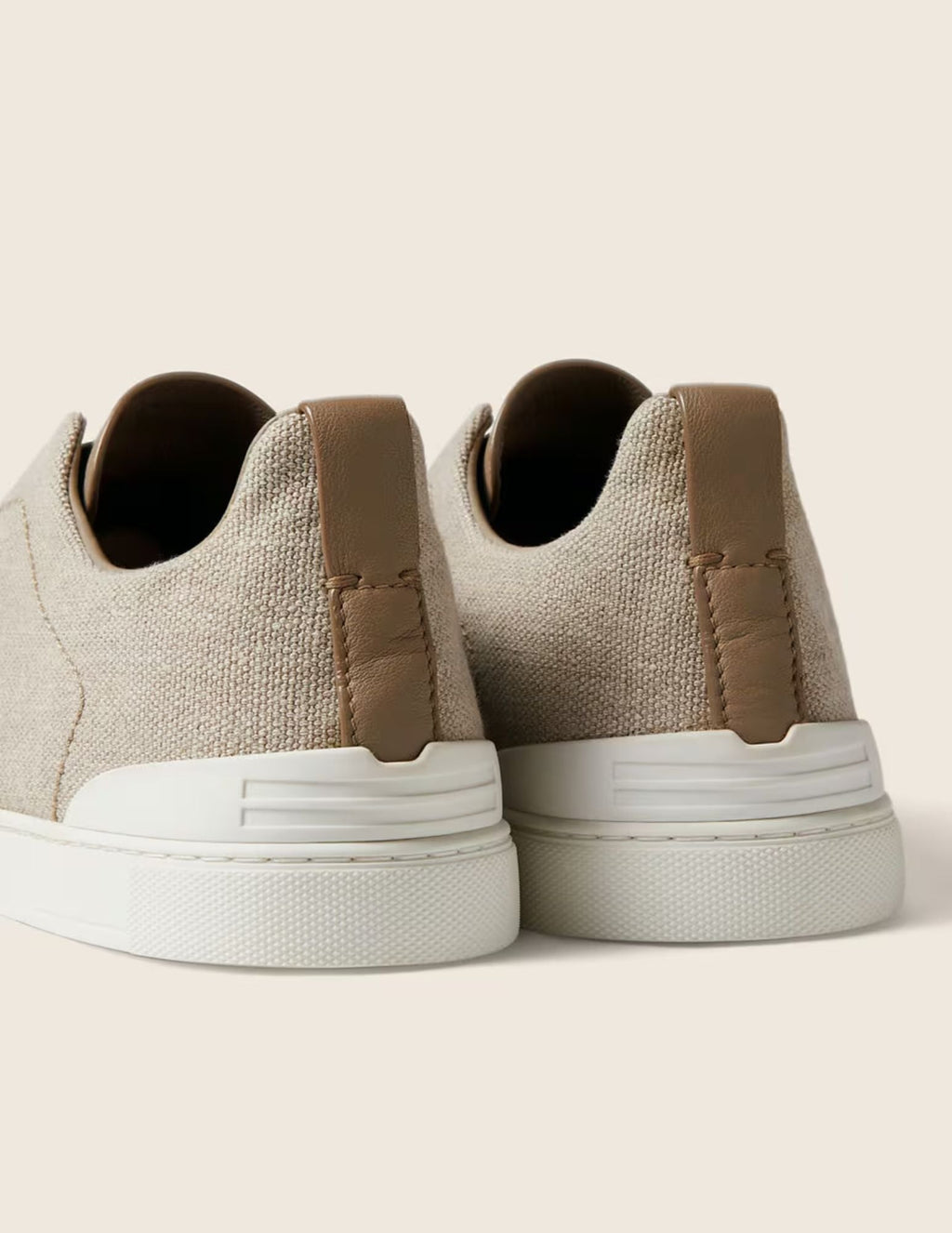 Cotton Linen & Leather Triple Stitch Sneakers | Light Beige